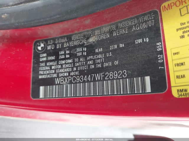 Aukcja sprzedaży 2007 Bmw X3 3.0si, vin: WBXPC93447WF28923, numer aukcji: 45626742