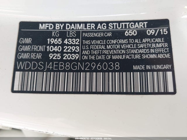 45626753 :رقم المزاد ، WDDSJ4EB8GN296038 vin ، 2016 Mercedes-benz Cla 250 مزاد بيع