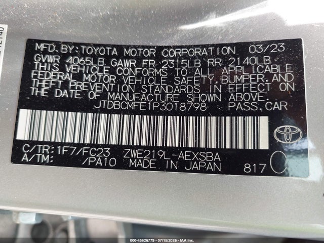 Продаж на аукціоні авто 2023 Toyota Corolla Hybrid Se, vin: JTDBCMFE1P3018798, номер лоту: 45626779