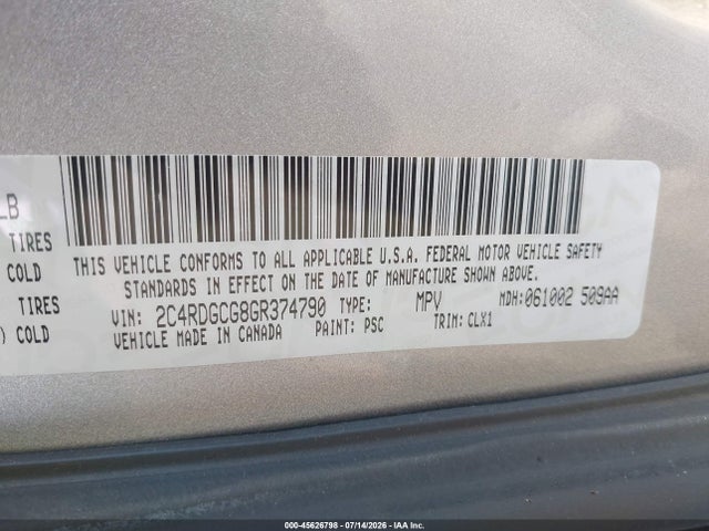 Продаж на аукціоні авто 2016 Dodge Grand Caravan Sxt, vin: 2C4RDGCG8GR374790, номер лоту: 45626798