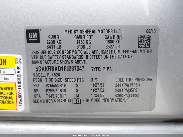 Aukcja sprzedaży 2015 Buick Enclave Leather, vin: 5GAKRBKD1FJ387947, numer aukcji: 45626804