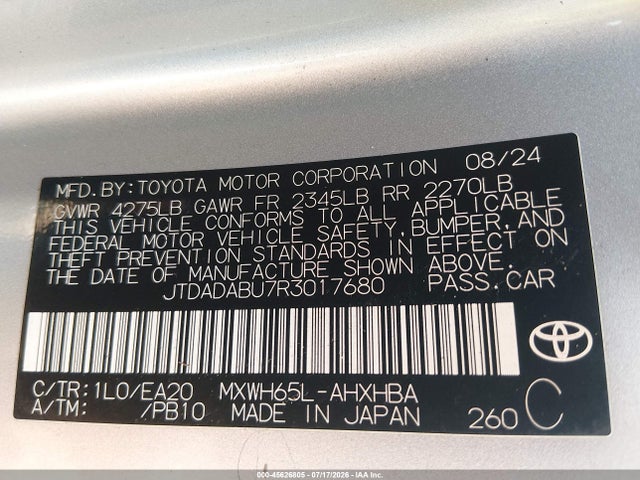 45626805 :رقم المزاد ، JTDADABU7R3017680 vin ، 2024 Toyota Prius Limited Awd-e مزاد بيع