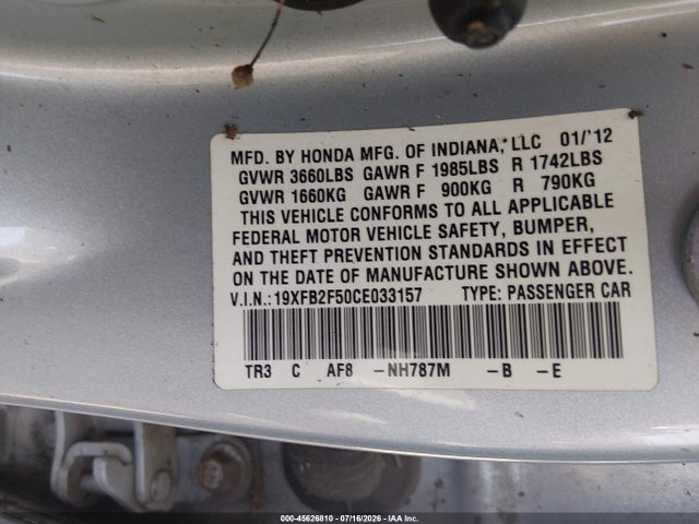 Aukcja sprzedaży 2012 Honda Civic Lx, vin: 19XFB2F50CE033157, numer aukcji: 45626810