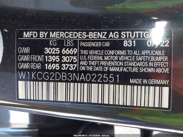 2022 Mercedes-benz Eqs 450+ მანქანა იყიდება აუქციონზე, vin: W1KCG2DB3NA022551, აუქციონის ნომერი: 45626813