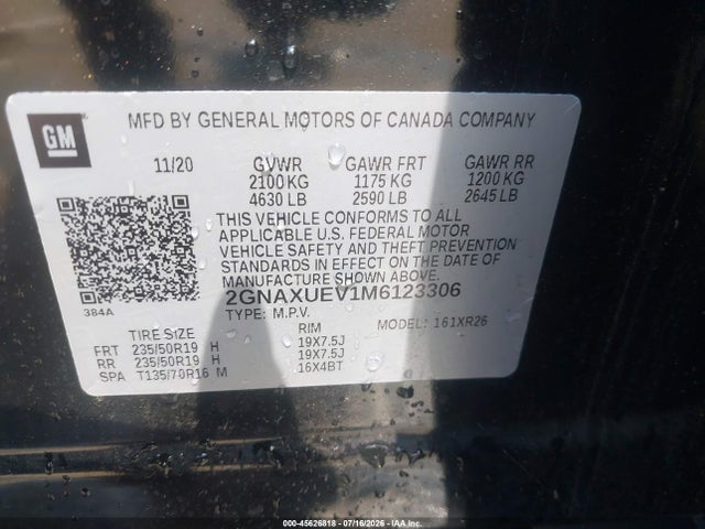 2021 Chevrolet Equinox Awd Lt მანქანა იყიდება აუქციონზე, vin: 2GNAXUEV1M6123306, აუქციონის ნომერი: 45626818