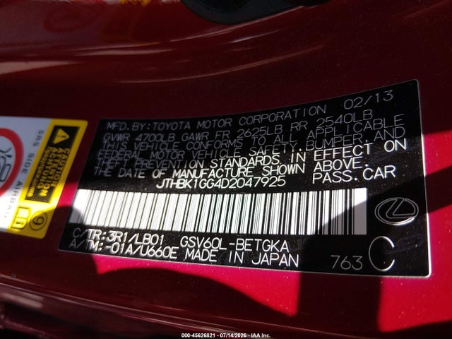 45626821 :رقم المزاد ، JTHBK1GG4D2047925 vin ، 2013 Lexus Es 350 مزاد بيع