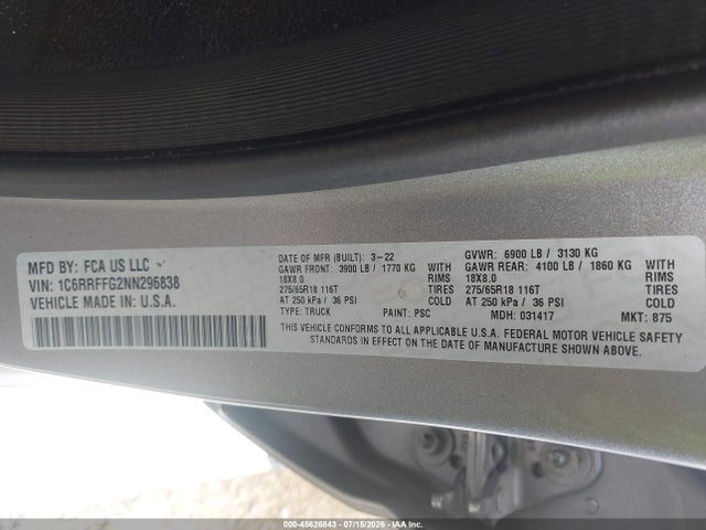 45626843 :رقم المزاد ، 1C6RRFFG2NN296838 vin ، 2022 Ram 1500 مزاد بيع