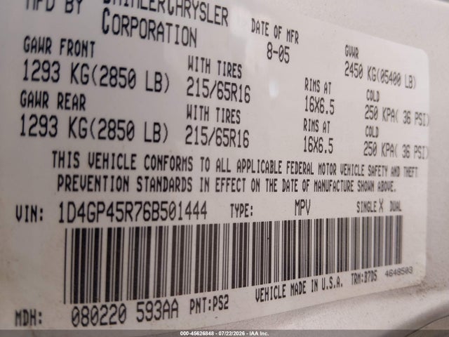 Aukcja sprzedaży 2006 Dodge Caravan Sxt, vin: 1D4GP45R76B501444, numer aukcji: 45626848