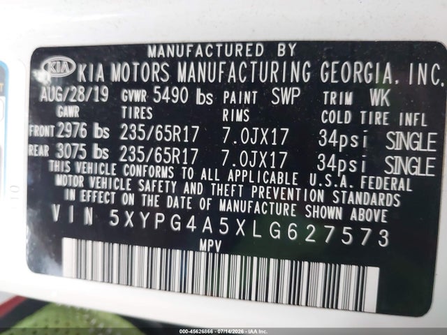5XYPG4A5XLG627573 KIA Sorento 3.3l Lx