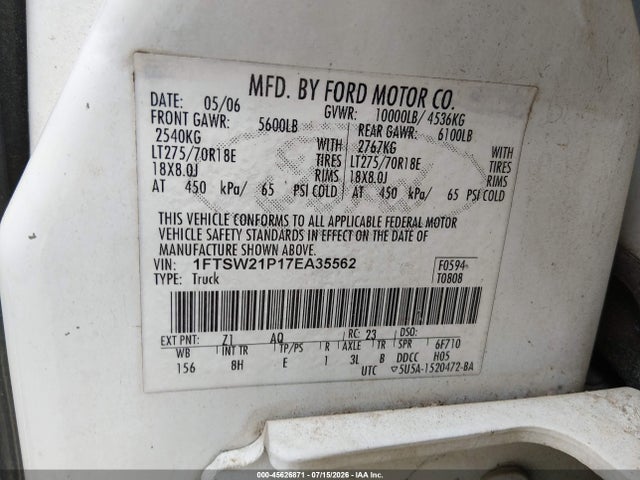 Продаж на аукціоні авто 2007 Ford F-250 Lariat/xl/xlt, vin: 1FTSW21P17EA35562, номер лоту: 45626871