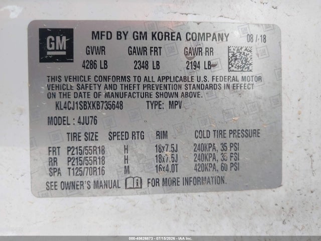 45626873 :رقم المزاد ، KL4CJ1SBXKB735648 vin ، 2019 Buick Encore Fwd Sport Touring مزاد بيع