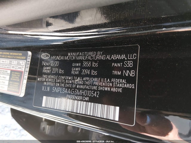 Aukcja sprzedaży 2021 Hyundai Elantra Sel, vin: 5NPLS4AG3MH010542, numer aukcji: 45626896