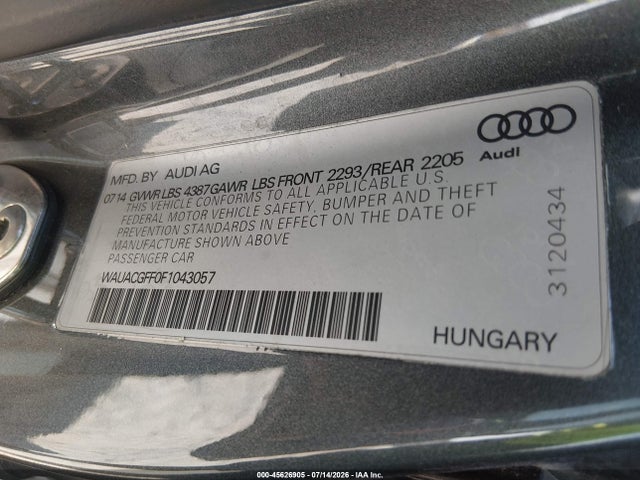 45626905 :رقم المزاد ، WAUACGFF0F1043057 vin ، 2015 Audi A3 1.8t Premium مزاد بيع