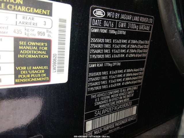 SALWR2EFXGA590620 Land Rover Range Rover Sport 5.0l V8 Supercharged/5.0l V8 Supercharged Dynamic