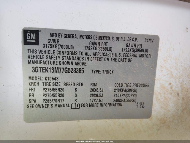 Продаж на аукціоні авто 2007 Gmc Sierra 1500 Slt, vin: 3GTEK13M77G528385, номер лоту: 45626910