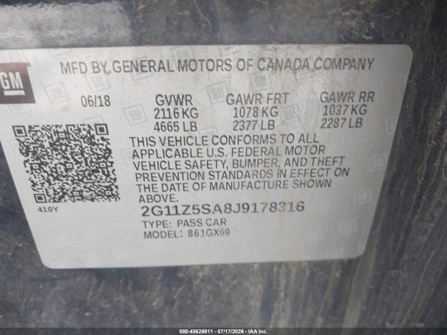 Aukcja sprzedaży 2018 Chevrolet Impala Ls, vin: 2G11Z5SA8J9178316, numer aukcji: 45626911