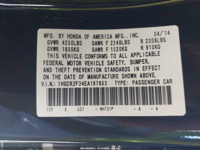 2014 Honda Accord Lx მანქანა იყიდება აუქციონზე, vin: 1HGCR2F34EA197953, აუქციონის ნომერი: 45626914