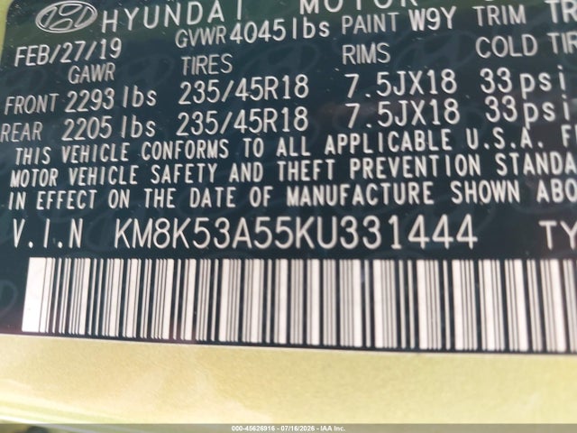 45626916 :رقم المزاد ، KM8K53A55KU331444 vin ، 2019 Hyundai Kona Ultimate مزاد بيع