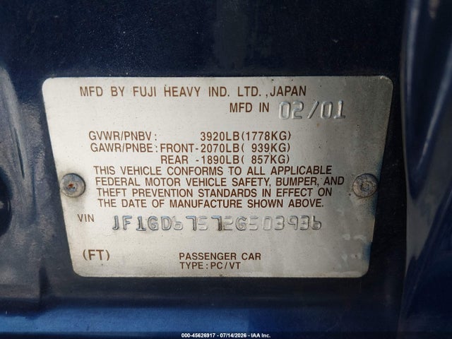 Продаж на аукціоні авто 2002 Subaru Impreza 2.5rs, vin: JF1GD67572G503936, номер лоту: 45626917
