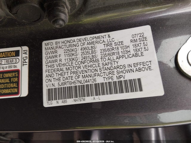 2022 Honda Cr-v Hybrid Ex მანქანა იყიდება აუქციონზე, vin: 5J6RT6H57NL044126, აუქციონის ნომერი: 45626925