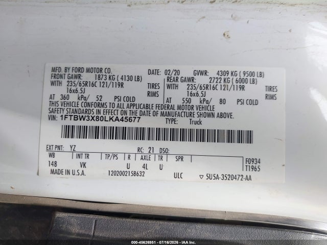 Aukcja sprzedaży 2020 Ford Transit-350 Cargo Van, vin: 1FTBW3X80LKA45677, numer aukcji: 45626951