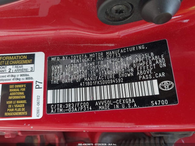 45626976 :رقم المزاد ، 4T1BD1FK5DU094592 vin ، 2013 Toyota Camry Hybrid Xle مزاد بيع