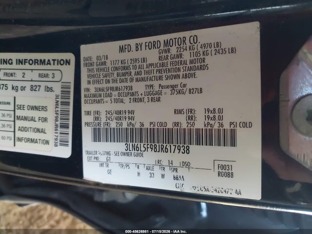 2018 Lincoln Mkz Reserve მანქანა იყიდება აუქციონზე, vin: 3LN6L5F98JR617938, აუქციონის ნომერი: 45626981