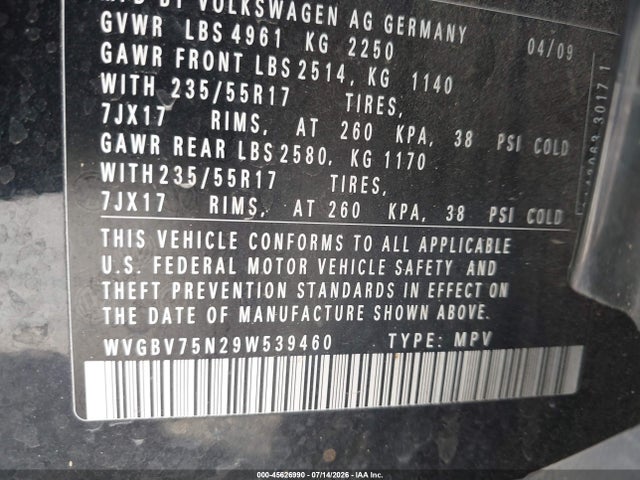 45626990 :رقم المزاد ، WVGBV75N29W539460 vin ، 2009 Volkswagen Tiguan Se مزاد بيع