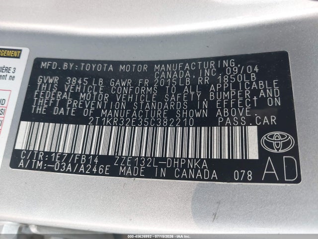 2005 Toyota Matrix Xr მანქანა იყიდება აუქციონზე, vin: 2T1KR32E35C382210, აუქციონის ნომერი: 45626992