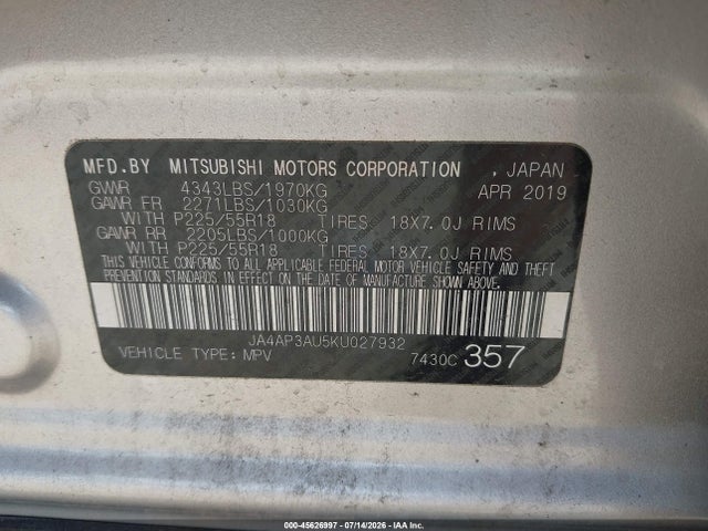 Aukcja sprzedaży 2019 Mitsubishi Outlander Sport 2.0 Es, vin: JA4AP3AU5KU027932, numer aukcji: 45626997