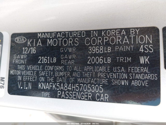 2017 Kia Forte Lx მანქანა იყიდება აუქციონზე, vin: KNAFK5A84H5705305, აუქციონის ნომერი: 45627000