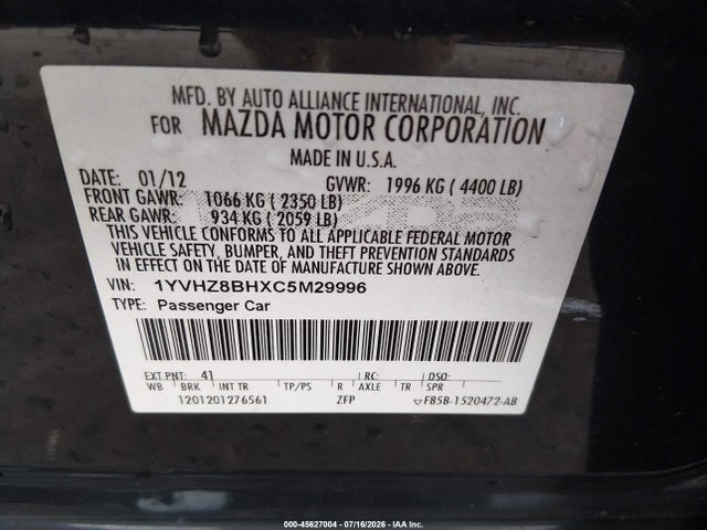 Aukcja sprzedaży 2012 Mazda Mazda6 I Sport, vin: 1YVHZ8BHXC5M29996, numer aukcji: 45627004