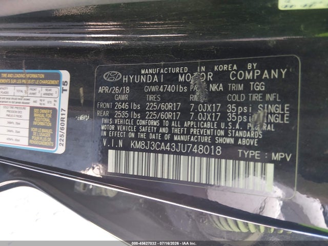 Aukcja sprzedaży 2018 Hyundai Tucson Sel, vin: KM8J3CA43JU748018, numer aukcji: 45627032