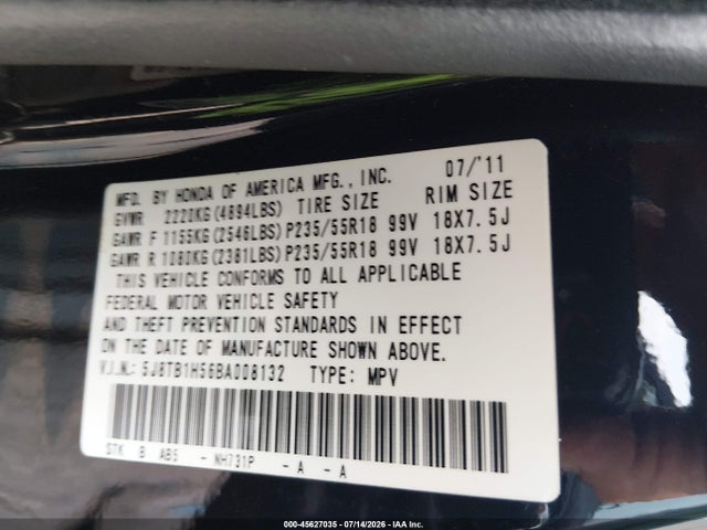 45627035 :رقم المزاد ، 5J8TB1H56BA008132 vin ، 2011 Acura Rdx مزاد بيع