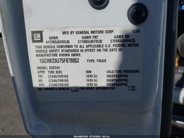 Продажа на аукционе авто 2005 Chevrolet Silverado 2500hd Ls, vin: 1GCHK23U75F878052, номер лота: 45627039