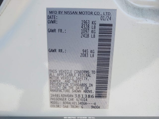 2024 Nissan Altima Sv Fwd მანქანა იყიდება აუქციონზე, vin: 1N4BL4DV6RN381386, აუქციონის ნომერი: 45627042