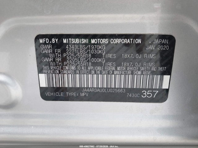 Auction sale of the 2020 Mitsubishi Outlander Sport 2.0 Be Awc/2.0 Es Awc/2.0 Se Awc/2.0 Sp Awc, vin: JA4AR3AU0LU025663, lot number: 45627062