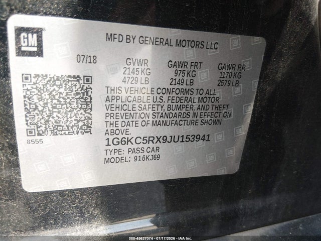 45627074 :رقم المزاد ، 1G6KC5RX9JU153941 vin ، 2018 Cadillac Ct6 Luxury مزاد بيع