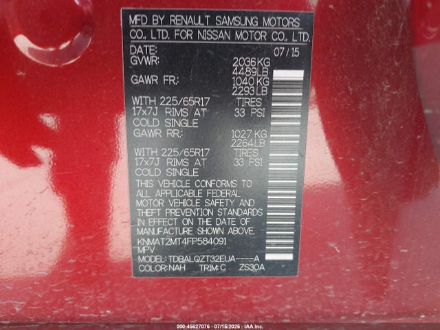 Продаж на аукціоні авто 2015 Nissan Rogue Sv, vin: KNMAT2MT4FP584091, номер лоту: 45627076