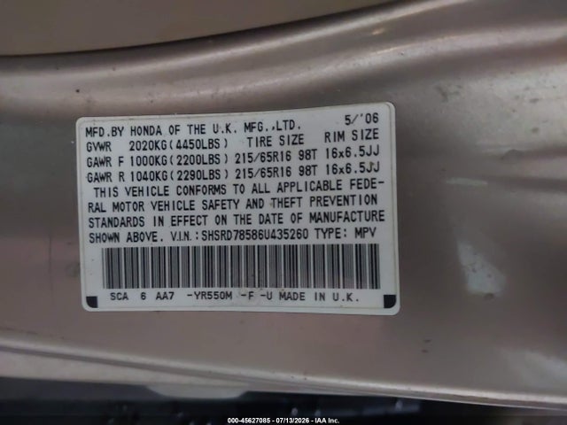 Продажа на аукционе авто 2006 Honda Cr-v Lx, vin: SHSRD78586U435260, номер лота: 45627085