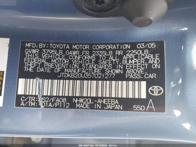 45627104 :رقم المزاد ، JTDKB20U357021277 vin ، 2005 Toyota Prius مزاد بيع