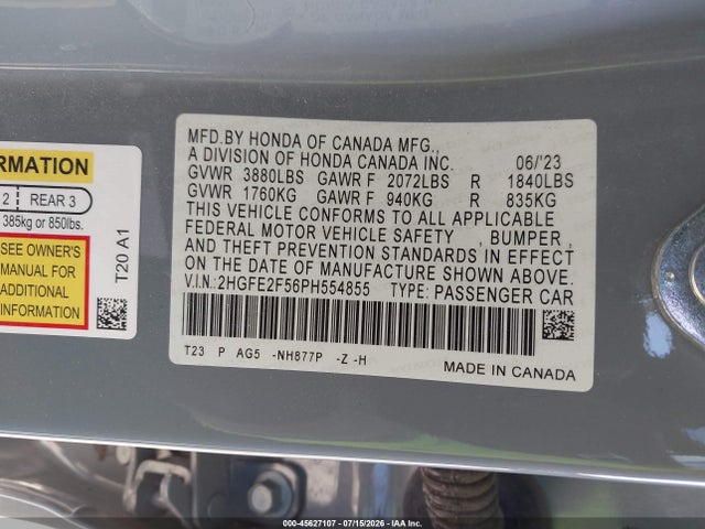 2HGFE2F56PH554855 Honda Civic Sport