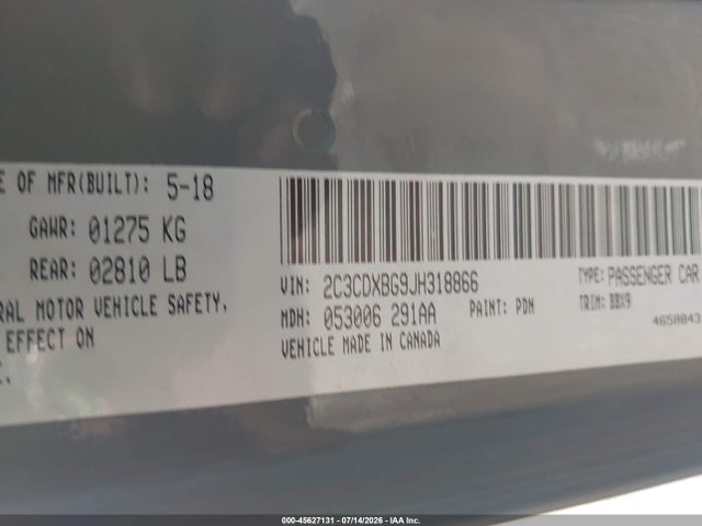 Продаж на аукціоні авто 2018 Dodge Charger Sxt Rwd, vin: 2C3CDXBG9JH318866, номер лоту: 45627131