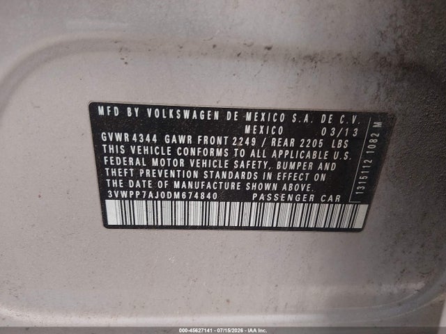 45627141 :رقم المزاد ، 3VWPP7AJ0DM674840 vin ، 2013 Volkswagen Jetta Sportwagen 2.5l S مزاد بيع