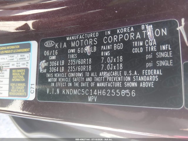2017 Kia Sedona Ex მანქანა იყიდება აუქციონზე, vin: KNDMC5C14H6255656, აუქციონის ნომერი: 45627144