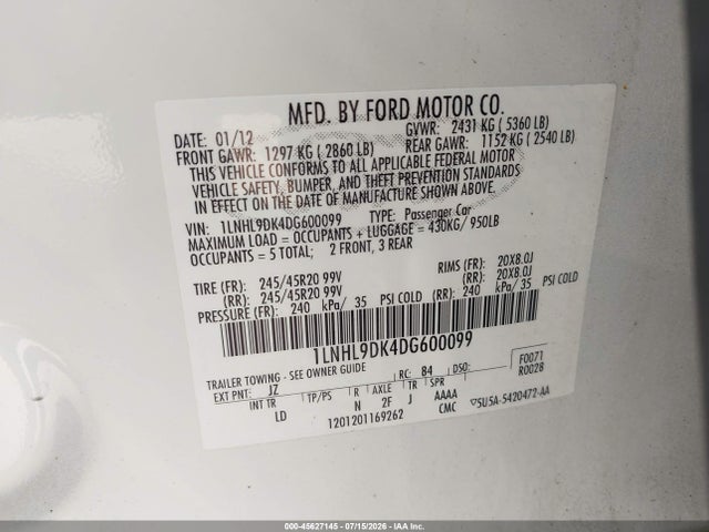 Aukcja sprzedaży 2013 Lincoln Mks, vin: 1LNHL9DK4DG600099, numer aukcji: 45627145