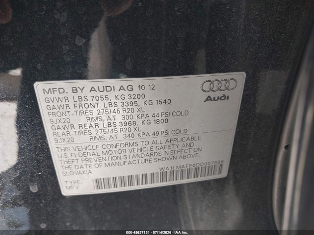 45627151 :رقم المزاد ، WA1LMAFE0DD007596 vin ، 2013 Audi Q7 3.0 Tdi Premium مزاد بيع