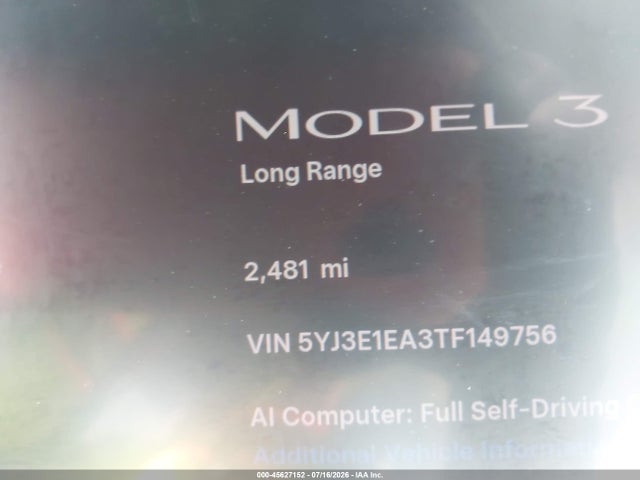 5YJ3E1EA3TF149756 Tesla Model 3 Premium Rear-wheel Drive/rear-wheel Drive