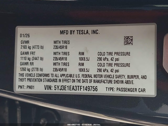 5YJ3E1EA3TF149756 Tesla Model 3 Premium Rear-wheel Drive/rear-wheel Drive