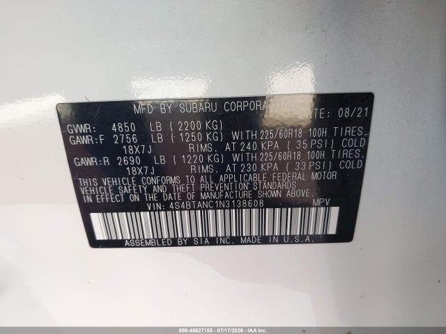 Aukcja sprzedaży 2022 Subaru Outback Limited, vin: 4S4BTANC1N3138608, numer aukcji: 45627155